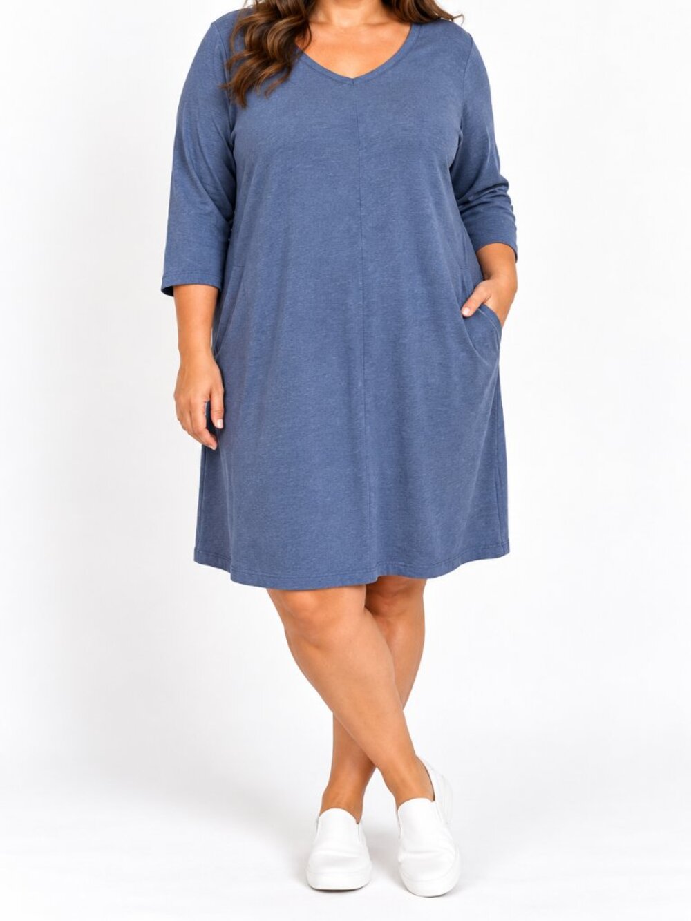 Pure Jill 1X Blue Pima Cotton Modal V Neck Pocket Shift Dress 3/4 Sleeve Casual